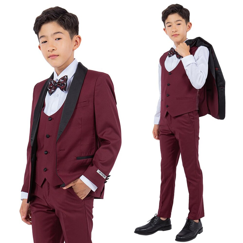 Stacy Adams Boys Burgundy Tuxedo Set, 5-Piece Black Shawl Collar